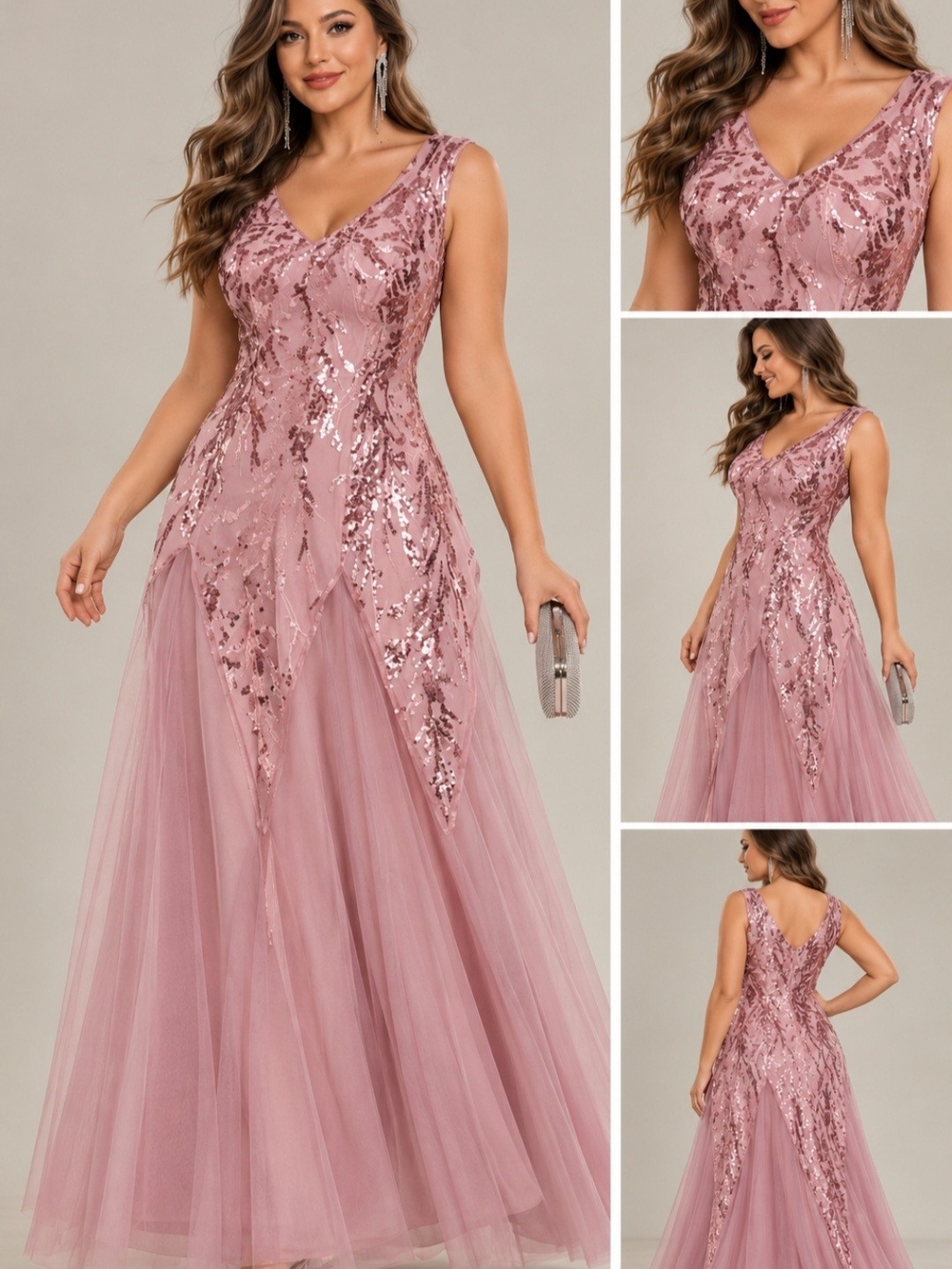 EVER PRETTY Bridesmaid Dress Sequin Tulle Gown Mauve Dusty Rose Wedding Guest 14